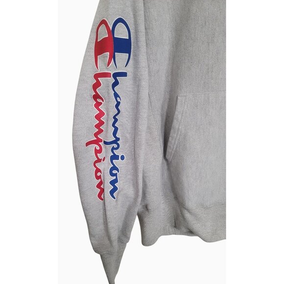 Vintage Heavy Champion Reverse Weave Gray Hoodie With Logo On Sleeve & Chest - Picture 3 of 10